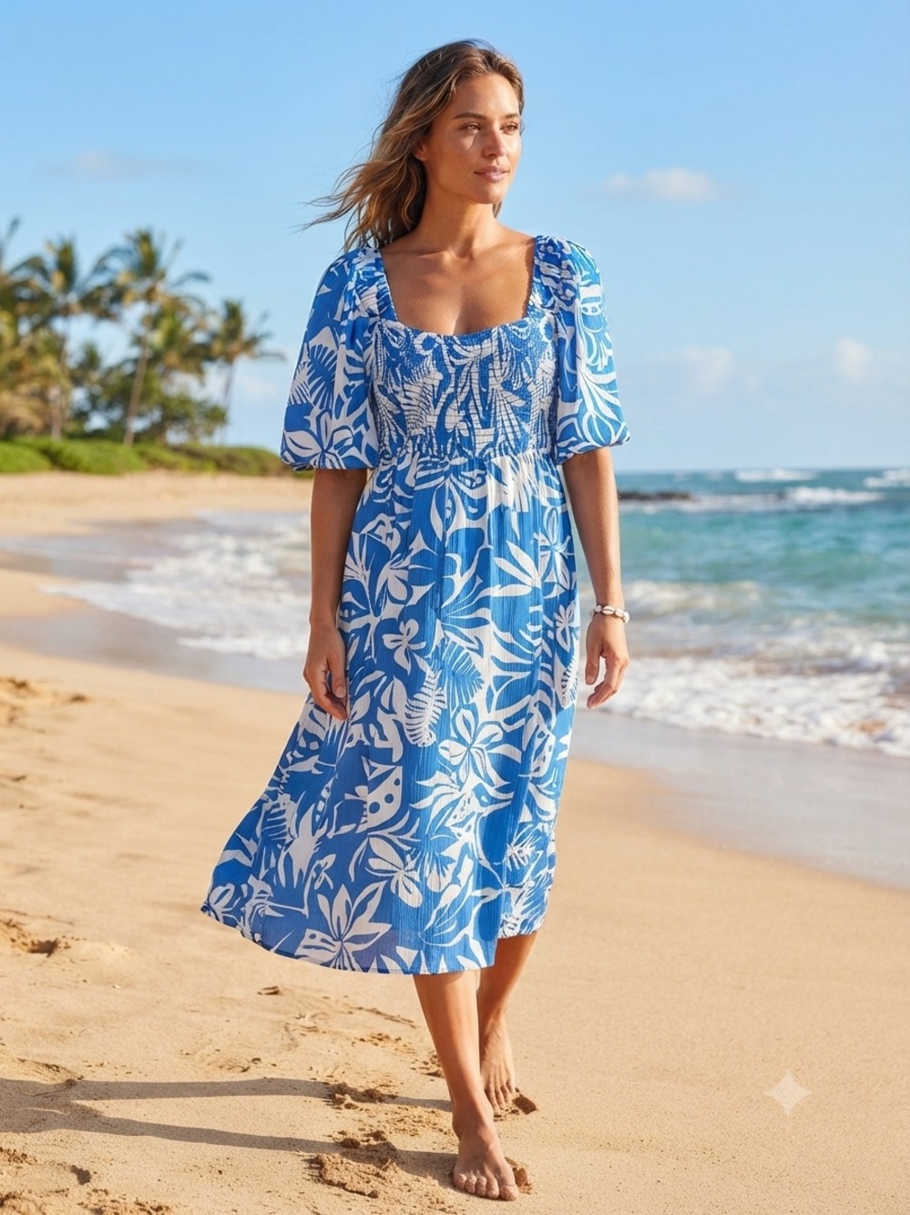Roxy Blue & White Printed Smocked Dress size Medium Vacation wear